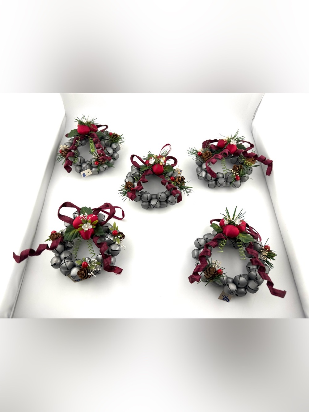5 Vintage Christmas Jingle Bell Wreath Ornaments Silver Sleigh Bells Red Bow